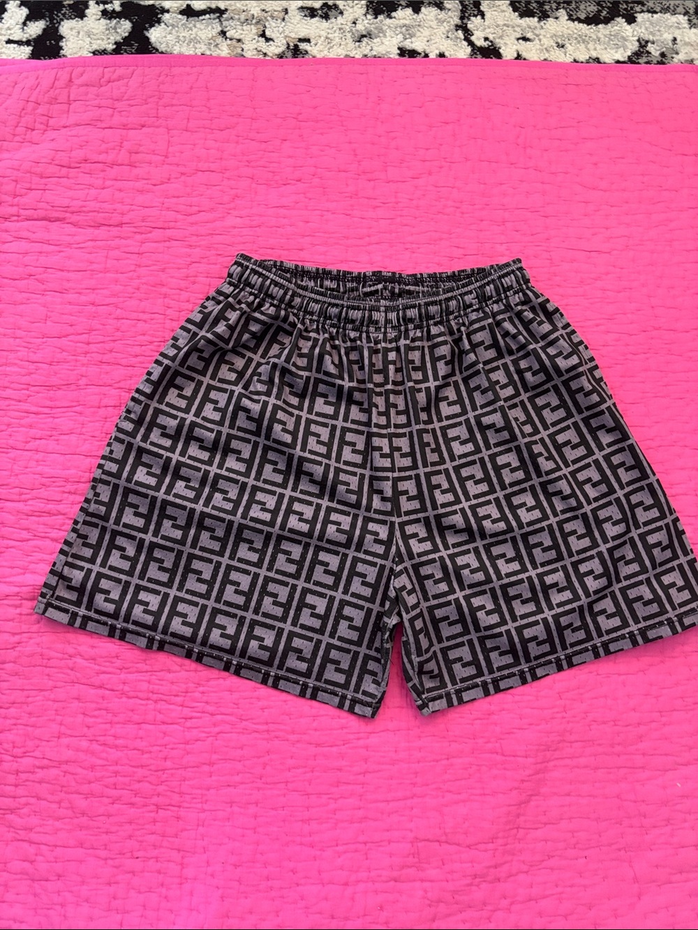 Fendi Black & Gray FF Logo Elastic Waist Shorts, M